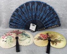  3 Vintage Lot Oriental Folding Fans Paper Fabric Painted Metal Fan Box