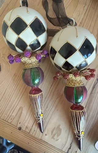 2 Vintage Katherine's Collection XL Harlequin Jester Finial Ornaments 14" Glass