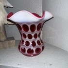 Fenton Art Glass 6" Cranberry Opalescent Coin Dot Optic Vase Ruffled Vintage