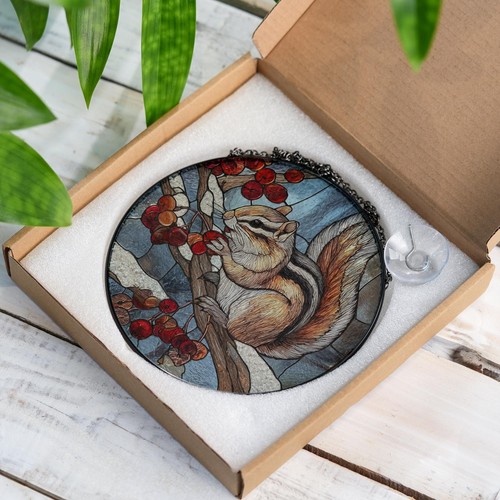 Chipmunk Stained Glass Suncatcher, Woodland Animal Window Decor - 第 3/5 張圖片
