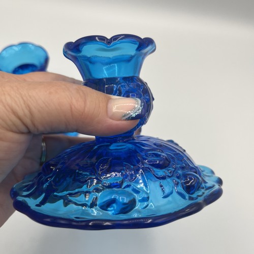Pair Vintage Fenton Art Glass Colonial Blue Rose Candle Stick Holders Set Of 2 - Picture 6 of 9
