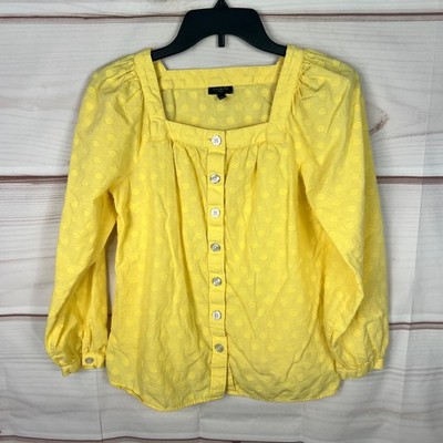 Talbots Top Womens PS Yellow Swiss Dot Blouse Cotton Button Front Square Neck