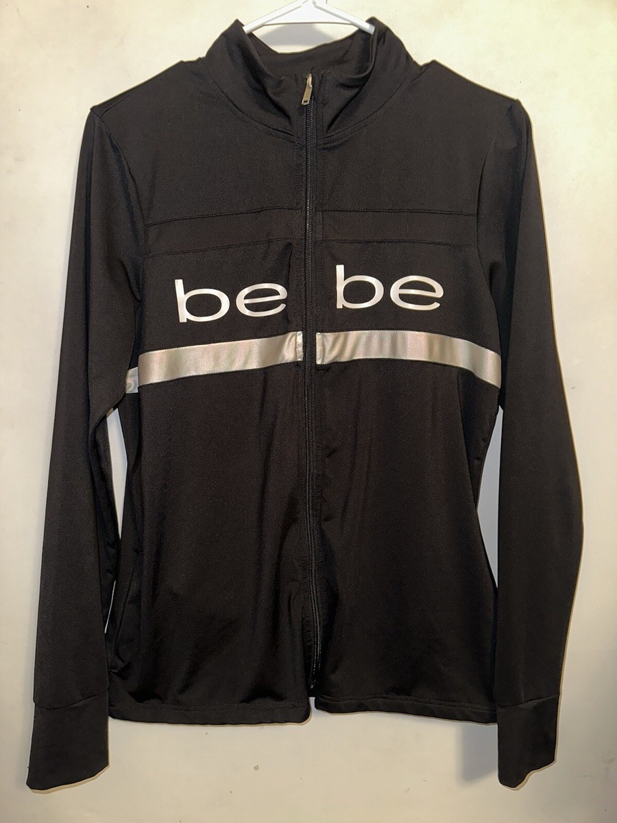 Bebe Sport Long Sleeve Zip-Up Top Black w White Logo