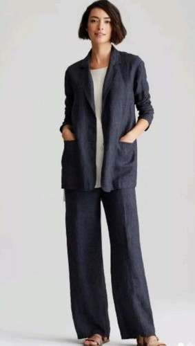 Eileen Fisher PM Denim Notch Collar Jacket Organic Washed Linen DELAVE NWT $348 - Picture 6 of 12