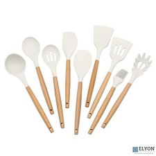9 Piece White Colored Silicone Kitchen Utensils Set with Wooden Handles