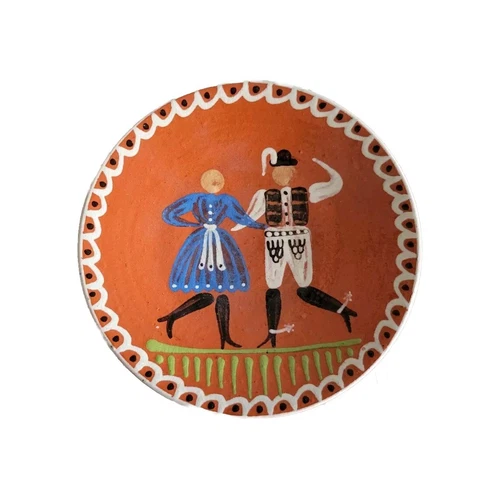 🧡Vtg European Redware Plate pottery folk art signed 6.5" Cabin Cottage Decor