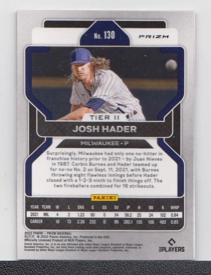 JOSH HADER  : MLB - 2022 - PANINI PRIZM  RED WHITE BLUE - CARD No # 130 - Image 2 of 2