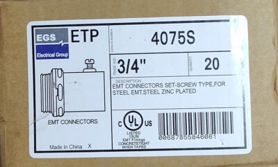 BOX OF (20) ETP 4075S 3/4'' EMT CONNECTORS.   SET-SCREW CONNECTION FITTINGS