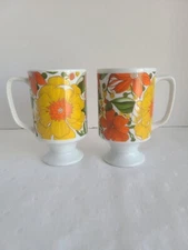 70s GoodWood MCM Made In Japan Mug Floral Orange Yellow Green Orange Vintage