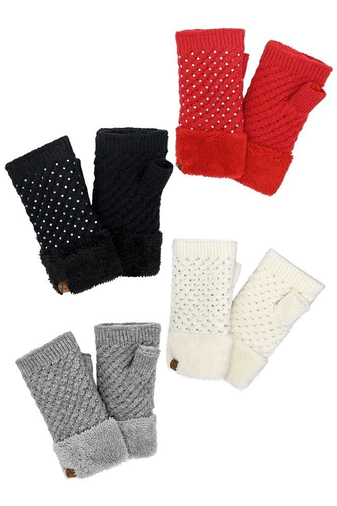 Women Fashion Cozy Warm C.C Rhinestone Fingerless Glove