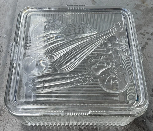 Vintage Federal Glass Refrigerator Dish Ribbed Base Embossed Vegetable Lid 8 x 8