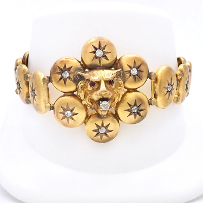 Victorian Lion Head Setting 10k Gold Bracelet Natural Mine Cut Diamond Ruby Eyes