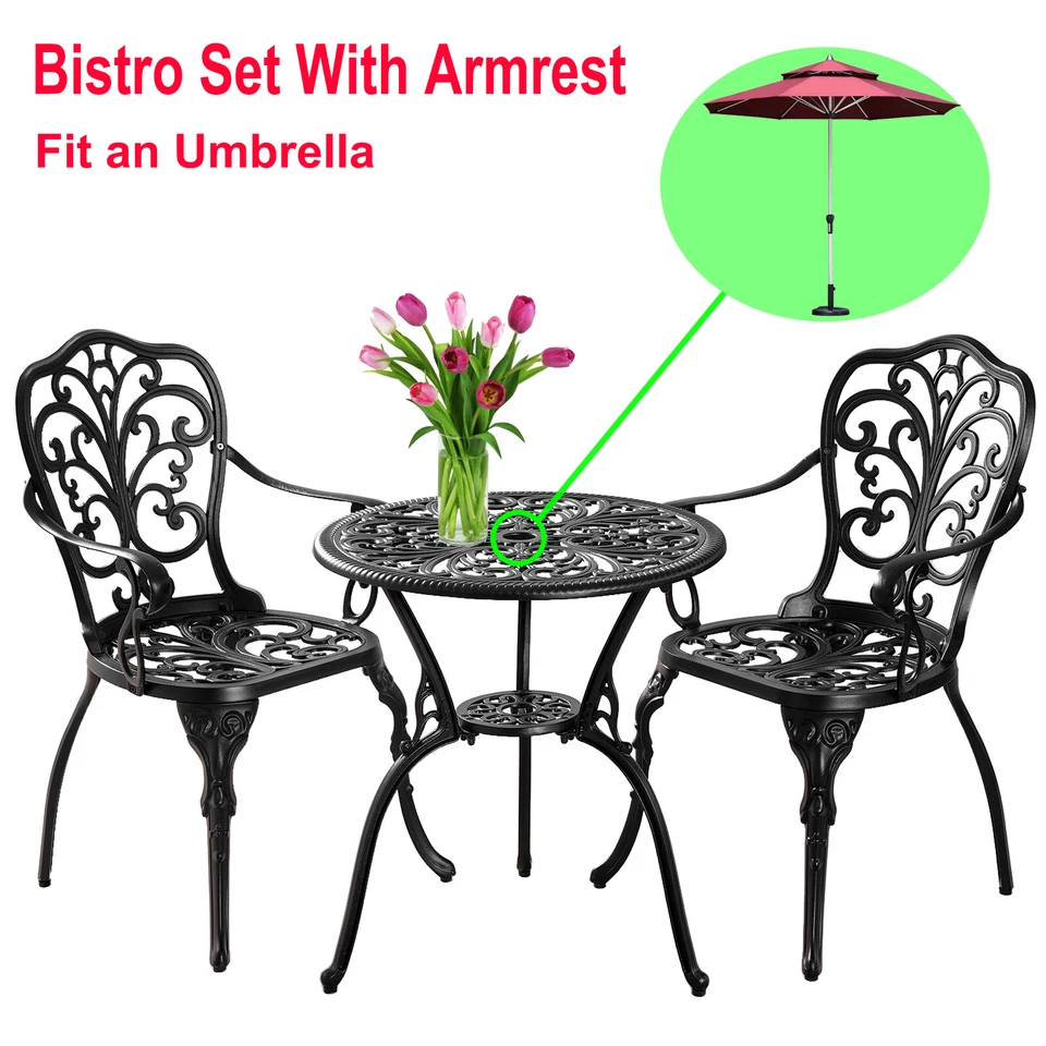 Withniture 3 Piece Cast Aluminum Outdoor Bistro Set with Umbrella Hole Design - Image 3 of 4