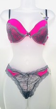 3 Piece Bra Panty Set Hers by Herman Pink Beige Lace Push-up 36D/L