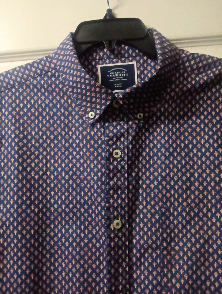 Camisa Charles Tyrwhitt Para Hombres XL Azul Geométrica Calce Ajustado Cuello Abotonado Foto 3 de 4