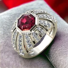 Garnet Hexagon Cut Gemstone With 925 Sterling Silver Ring For Men's #654