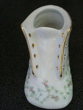 Vintage 1976 Hand Painted Ceramic Infant Shoe Pink Flowers Gold Trim Artist Name