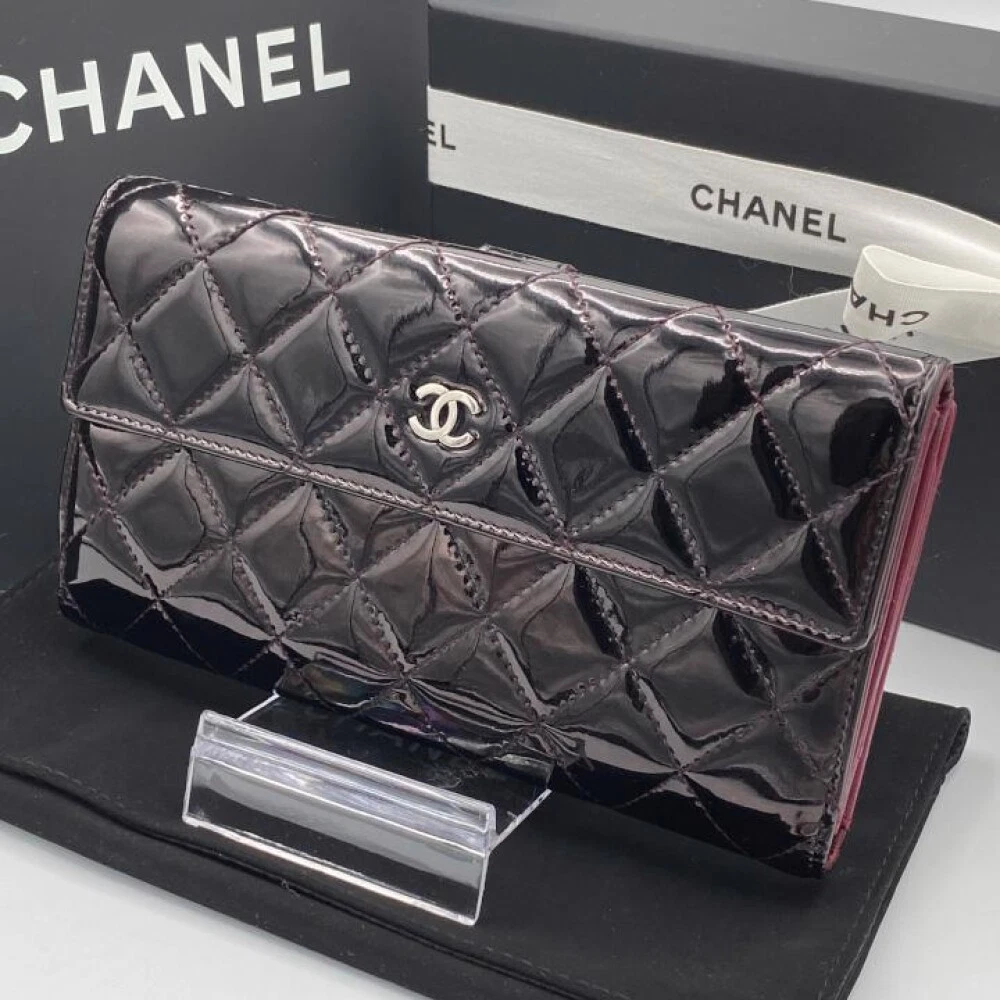 CHANEL Coco Mark Matelasse Bi-Fold Long Wallet Enamel Black 15121510 CHW072