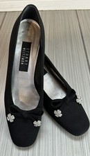 EUC Vtg Stuart Weitzman Black Chunky Heel Rhinestones Clovers Hearts Bows 8.5 B