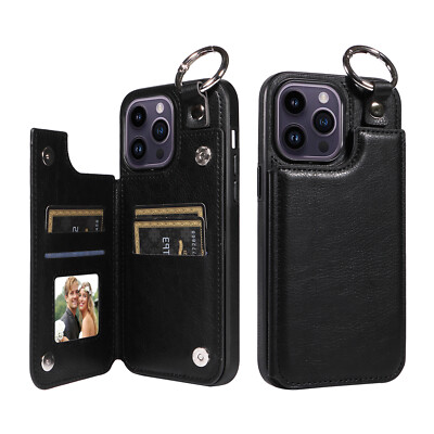 For iPhone 15 14 13 12 11 Pro Max Wallet Case with Card Holder Ring Buckle Cover