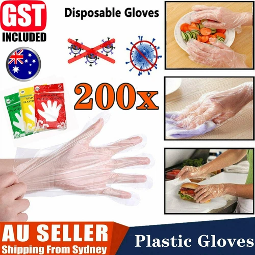 200pcs Disposable Plastic Gloves Transparent Food Handling Hygienic Catering AU