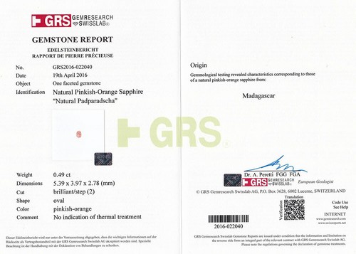 GRS Certified MADAGASCAR Padparadscha Sapphire 0.49 Cts Natural Untreated Oval - Picture 4 of 4