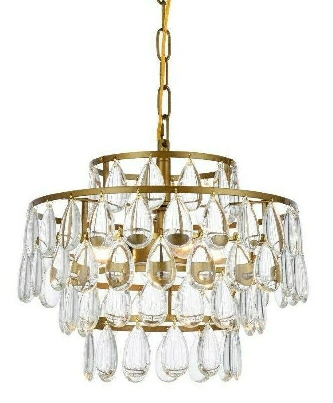 Cocina Comedor Cristal Lágrima Colgante Techo 3 Lámparas Latón 14" Foto 3 de 4