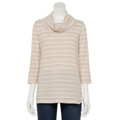 Women's Size Large Croft & Barrow 3/4 Sleeve Cowlneck Top Beige Stripe $40.00