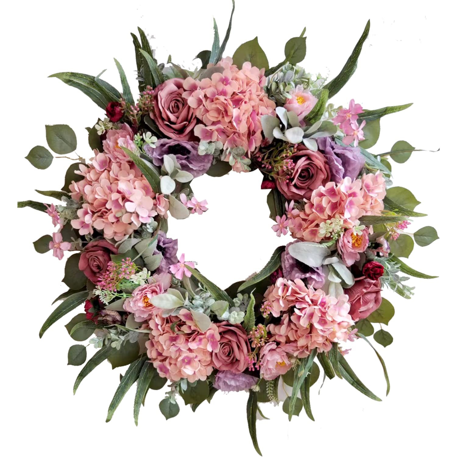 24 Inch Spring Hydrangea Wreath for Front Door with Vibrant Blooms