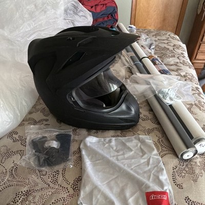 Icon Variant Helmet. Size Large. Matte Black. With Red Fox Gloves. Clear Visor