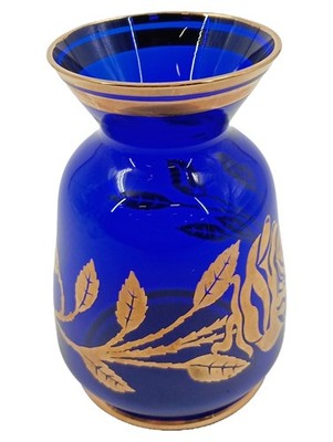 Bohemia Crystal Vase Blau Gold Blumenmuster Vintage