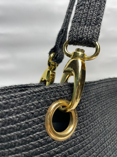 Vintage markenlos schwarz gewebt Papier Stroh Schultertasche Handtasche Beuteltasche Paperstroh gefüttert - Bild 6 von 10