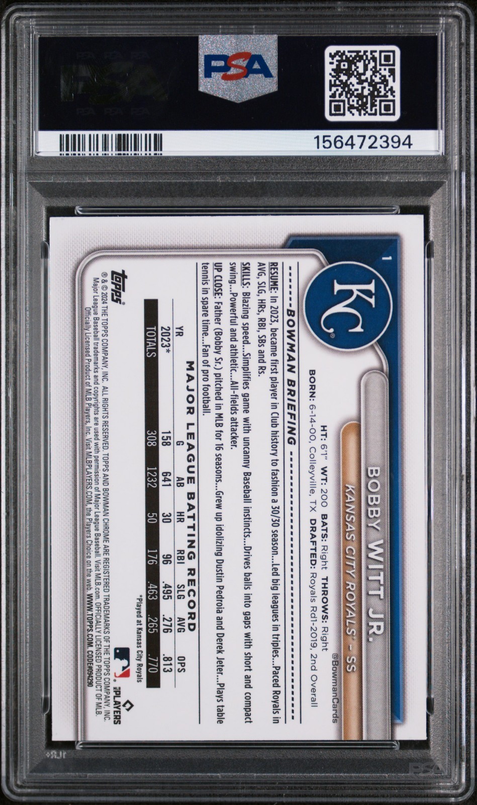 2024 BOWMAN CHROME MEGA BOX 1 BOBBY WITT JR. AQUA REFRACTOR PSA 9 view 2