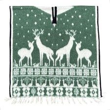 Poncho de Colección Estilo Mexicano Ciervo Gaban Mezcla de Lana Pesada Verde Blanco Flecos