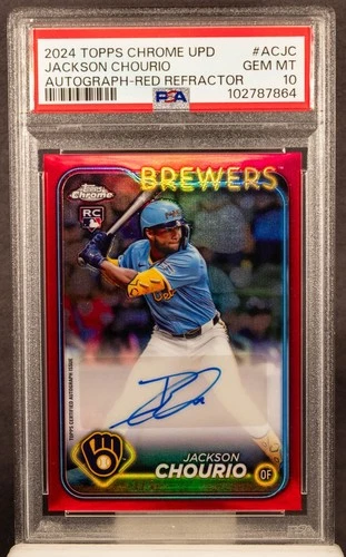 Jackson Chourio 2024 Topps Chrome Update Red Refractor RC AUTO #D /5 PSA 10