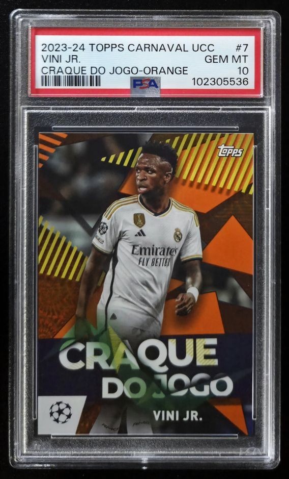 2023-24 Topps Carnaval UCC Vinicius Jr /25 Craque Do Jugo Orange #7 PSA 10