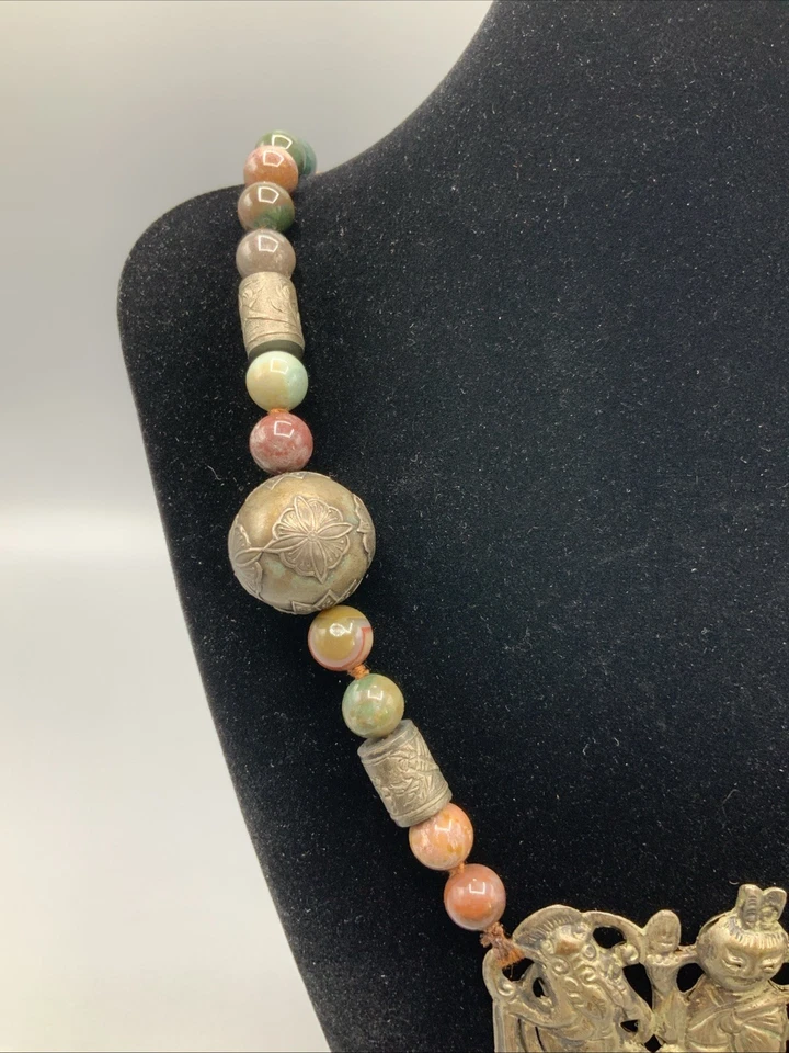 Antiguo collar chino antiguo de plata esterlina 925 con cuentas de dragón guerrero Qilin Foto 2 de 4