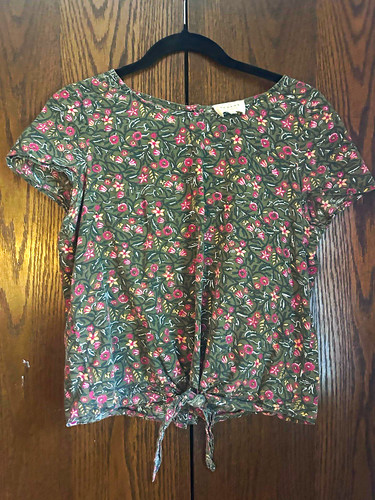 Sézane Floral Short Sleeve Button Front Blouse Green Pink 100% Cotton 36