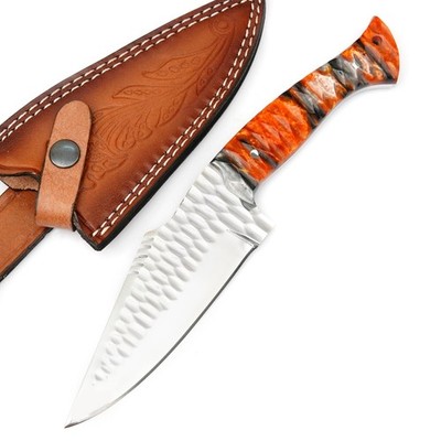 11.5'' CUSTOM HANDMADE D2 HAMMERED RESIN HANDLE KNIFE W/ PREMIUM LEATHER SHEATH
