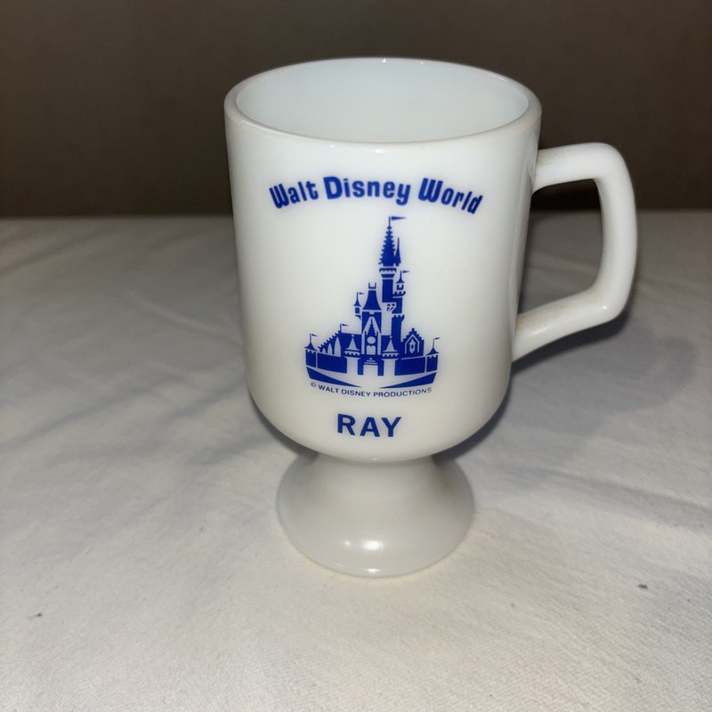Vintage 1970s Walt Disney World Milk Glass Footed Mug Ray Blue Castle Souvenior