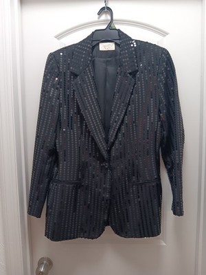 CACHE Sz. 12 Vintage 80's Sequin Blazer Jacket, Black, One Button, Notch Collar 