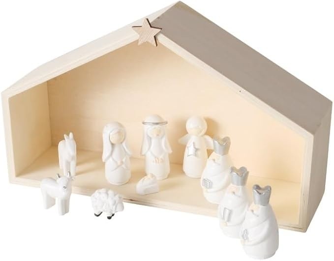Weihnachtskrippe 10tlg Krippe Weiss silber Tischkrippe Weihnachten Holz Haus