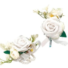 Artificial Rose Wrist Corsage And Boutonniere Set Wedding Prom White 2 PCS