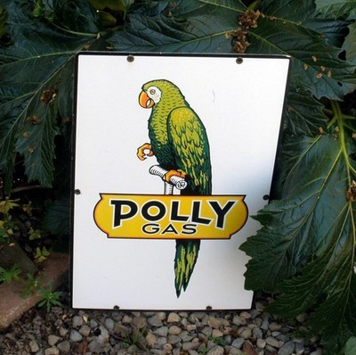 Vintage POLLY GAS Garage Auto Emblem Oil Gasoline Porcelain Metal 12x18  Sign
