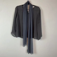 Eileen Fisher Gray Silk Sheer Long Sleeve Open Front Cardigan Top w/ Scarf M