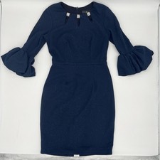 Betsy & Adam Blue Glitter Dress Sz 8 – Retro Glam Bell Sleeves Rhinestone Neck