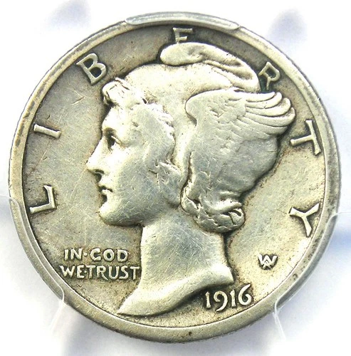 1916-D Mercury Dime 10C Coin - Certified PCGS VF Details - Rare Key Date!