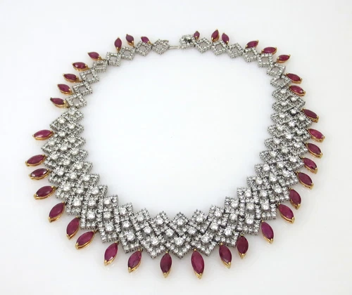 Estate 41.0ct Ruby 27.0ct Diamond Platinum & 18K Yellow Gold Fringe Necklace - Picture 4 of 8