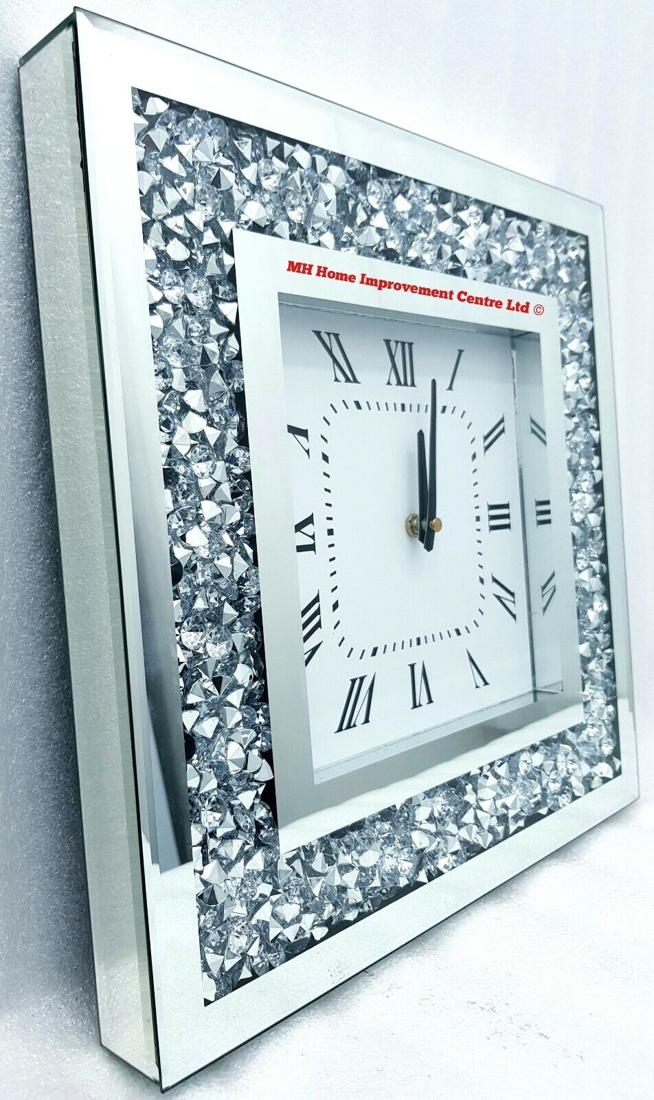 Bling Crushed Diamond Silver Mirrored Stylish Elegant  30x30cm Wall Clock