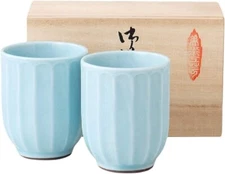 Pair Mino yaki Yunomi Japanese Tea cup Celadon Blue Kiku sharp Chrysanthemum F/S